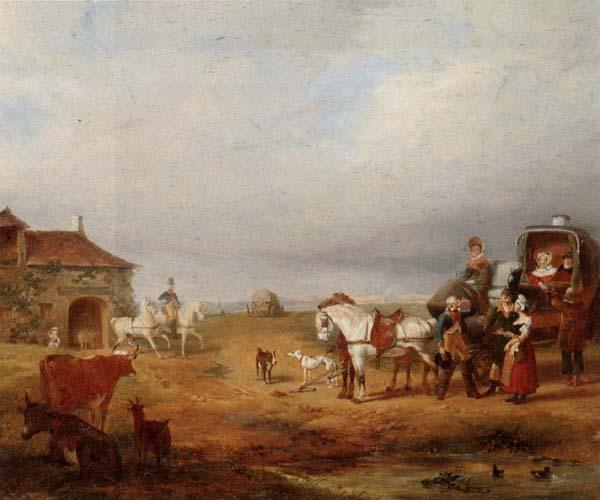 unknow artist An open landscape with a horse and carriage halted beside a pond,with anmals and innnearby oil painting image